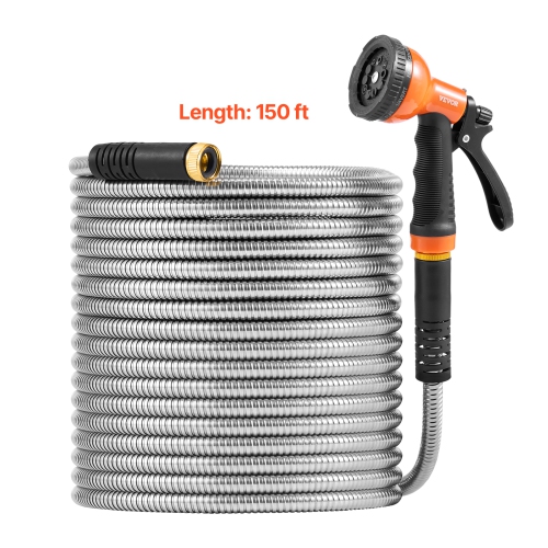 VEVOR 150 ft Metal Garden Hose, Rust Proof Stainless Steel, Heavy Duty Hose with 10 Function Nozzle, No-Kink & Flexible Water Pipe, Lightweight Metal
