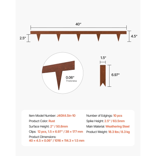 VEVOR 40 x 4.5 in Steel Landscape Edging, 10 Packs Weather-Resistant & Pre-Rust Metal Landscape Edging, Bendable Garden Edging Border, Heavy Duty