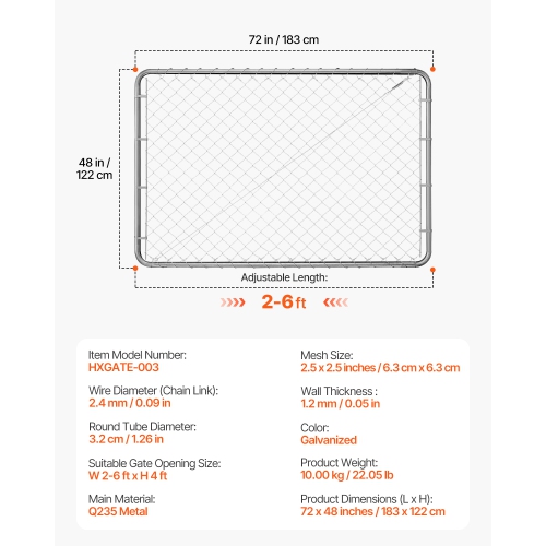 VEVOR 72x48in Chain Link Fence Gate, Adjustable Chain Link Fence Panel, Fit 2.2-6ftx6ft (H) Garden Fence Gate Opening, Rust-Resistant Galvanized