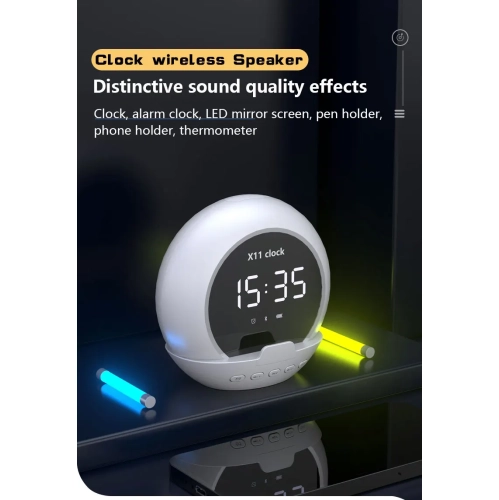 Alarm Clock Temperature Multi-function Smart Speaker, Mobile Phone Holder Portable Wireless Bluetooth Speaker, LED Display - Black
