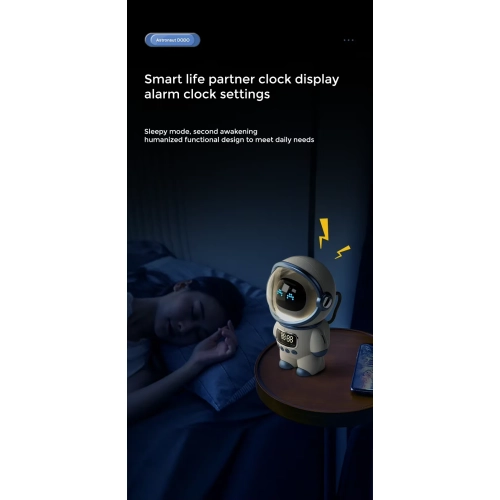 Astronaut AI Smart Voice Bluetooth Speaker, Night Light Clock Alarm Bluetooth Speaker, Portable Stereo Wireless Speaker - White