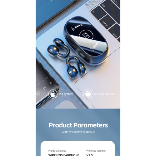 Bluetooth Headphones, Wireless Bone Conduction Sports Gaming Noise Reduction Long Battery Life, Earhook Waterproof Sports Clip Earbuds for Android