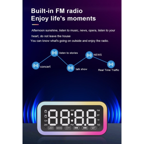 Smart human body sensing power saving Bluetooth clock speaker, desktop alarm clock audio bedroom atmosphere light rechargeable, FM radio - white