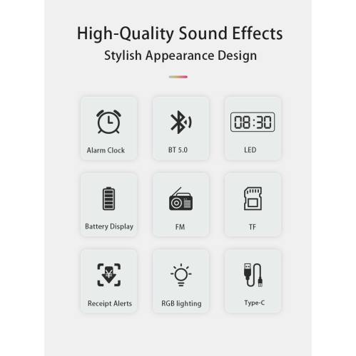 Smart human body sensing power saving Bluetooth clock speaker, desktop alarm clock audio bedroom atmosphere light rechargeable, FM radio,- black