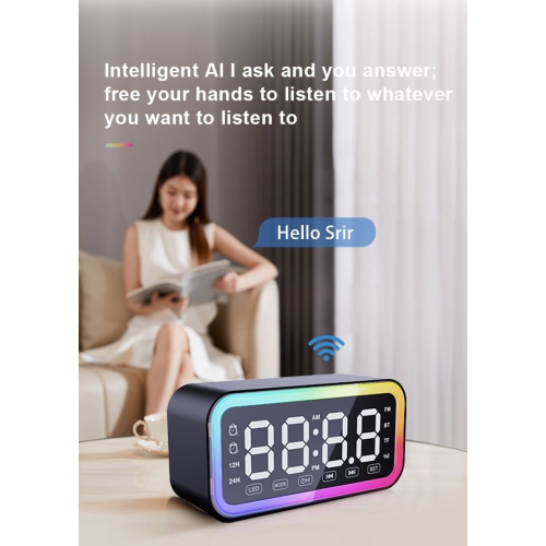 Smart human body sensing power saving Bluetooth clock speaker, desktop alarm clock audio bedroom atmosphere light rechargeable, FM radio,- black