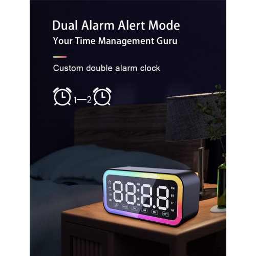 Smart human body sensing power saving Bluetooth clock speaker, desktop alarm clock audio bedroom atmosphere light rechargeable, FM radio,- black