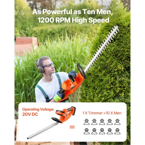 VEVOR 1200 RPM Electric Hedge Trimmer,Cordless Hedge Trimmer for Low Branch, 20V 2A Battery, Bush Trimmer with 20 in Dual Action Blade & Secure