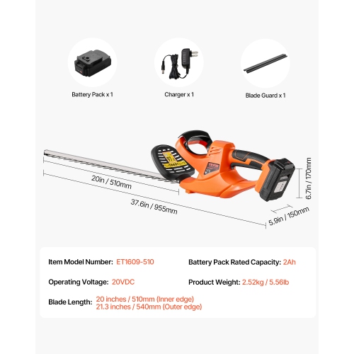 VEVOR 1200 RPM Electric Hedge Trimmer,Cordless Hedge Trimmer for Low Branch, 20V 2A Battery, Bush Trimmer with 20 in Dual Action Blade & Secure