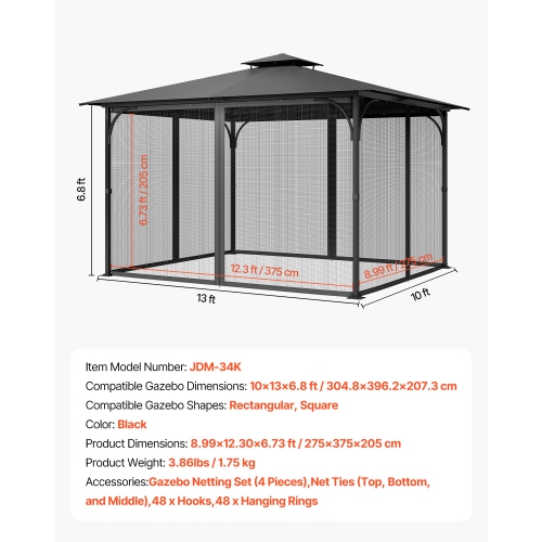 VEVOR Fit Most 10 x 13 x 6.8 FT Gazebo Curtain,Gazebo Netting Replacement, 4-Panel Sidewall Mesh Net, Patio Midge Netting with Double Zipper, Canopy