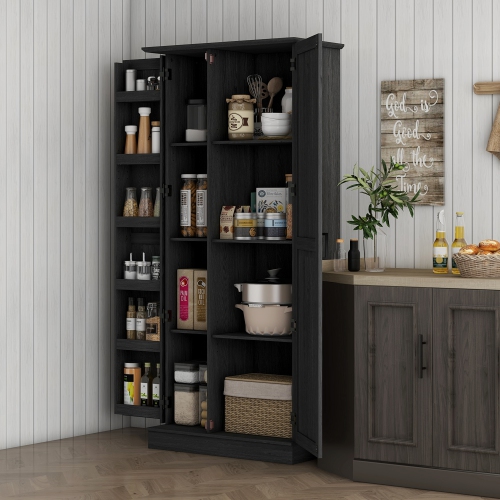 HOMCOM 70" Tall Kitchen Pantry Cabinet, Rustic Freestanding Kitchen Storage Cabinet with 6 Door Shelves and Adjustable Shelves, Black Wood Grain