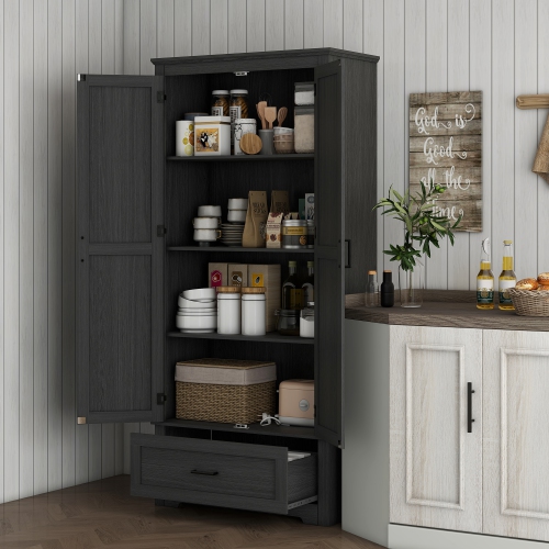 HOMCOM 69" Tall Kitchen Pantry Storage Cabinet, Farmhouse Freestanding Pantry Cabinet with 2 Doors, Drawer and Adjustable Shelves, Black Wood Grain