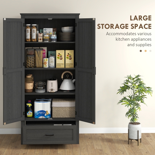 HOMCOM 69" Tall Kitchen Pantry Storage Cabinet, Farmhouse Freestanding Pantry Cabinet with 2 Doors, Drawer and Adjustable Shelves, Black Wood Grain
