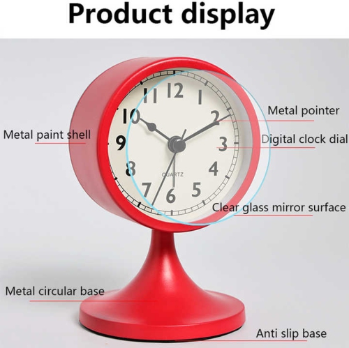 3-inch cute analog alarm clock, small retro desk clock, battery-powered, silent metal desk clock with light, suitable for bedroom, nightstand,