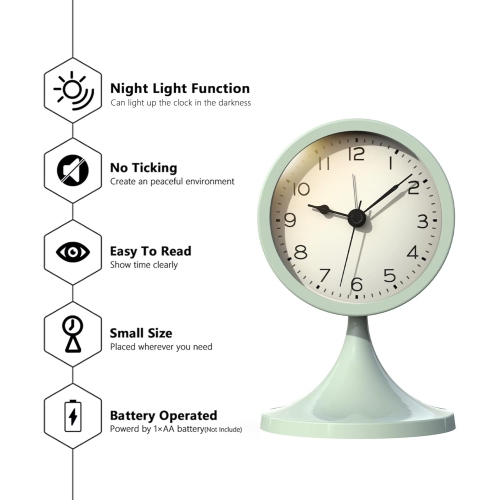 3-inch cute analog alarm clock, small retro desk clock, battery-powered, silent metal desk clock with light, suitable for bedroom, nightstand,