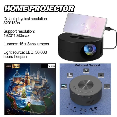 New projector home YT200 projector small mini portable new projector high code stream supports 1080P home theater media player YT200 small round
