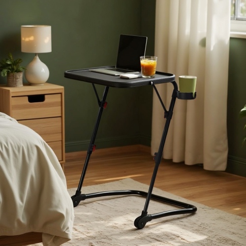 Homy Casa Foldable Laptop Table with Fixed Cup Holder and Adjustable Metal Frame