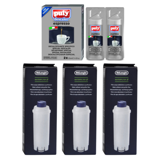 PULY AND DELONGHI  Puly Espresso Descaler (2X125Ml) + 3 De'longhi Water Filters – Maintenance Kit for Espresso Machines