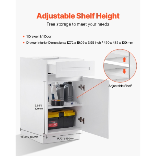 VEVOR 18"W x 24"D x 34.5"H White Shaker Base Cabinet with Drawer, 18-Inch Unassembled Drawer Base Cabinet, Ready to Assemble Cabinet with Soft-Close