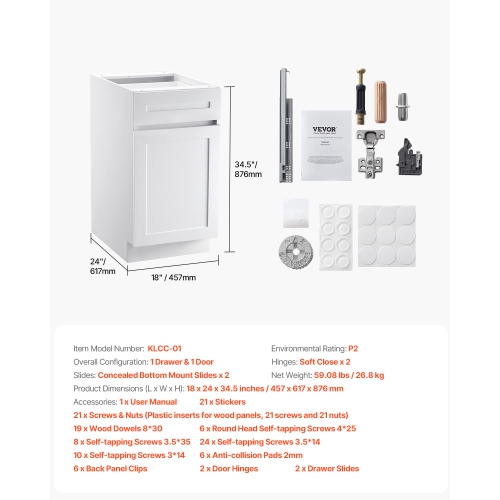 VEVOR 18"W x 24"D x 34.5"H White Shaker Base Cabinet with Drawer, 18-Inch Unassembled Drawer Base Cabinet, Ready to Assemble Cabinet with Soft-Close
