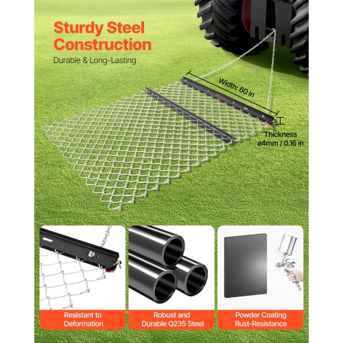 VEVOR 4 x 5 ft Drag Harrow, Made from Q235 Steel, UTV Tractor Attachments for Landscape Leveling or Sod Prepping, Durable Harrow Rake for Gravel