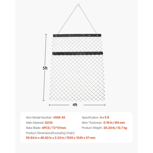 VEVOR 4 x 5 ft Drag Harrow, Made from Q235 Steel, UTV Tractor Attachments for Landscape Leveling or Sod Prepping, Durable Harrow Rake for Gravel