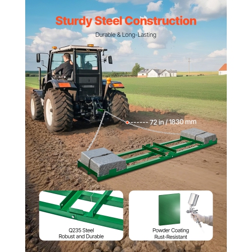 Flèche de remorquage VEVOR 8&nbsp;pi, remorquage robuste derrière, avec barres réglables et chaîne de 72&nbsp;po, râteau d'aménagement d'allée pour