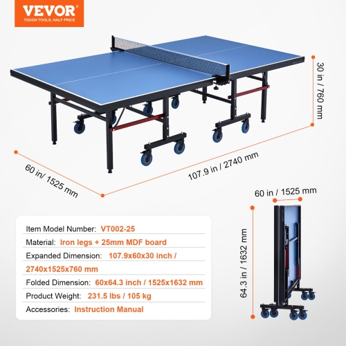 VEVOR 25mm Ping Pong Table, Professional Table Tennis Game, Indoor MDF Portable Table Tennis Table, Ping Pong Table with Quick Clamp Net and Lockable