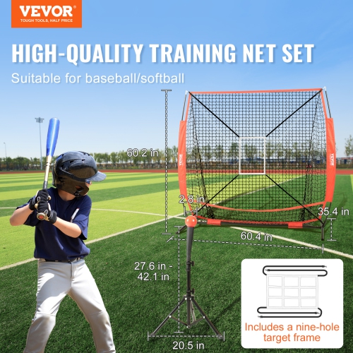 VEVOR 5x5 ft Baseball Softball Practice Net, Portable Baseball Training Net for Hitting Batting Catching Pitching, Backstop Baseball Equipment with