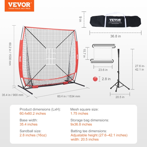 VEVOR 5x5 ft Baseball Softball Practice Net, Portable Baseball Training Net for Hitting Batting Catching Pitching, Backstop Baseball Equipment with