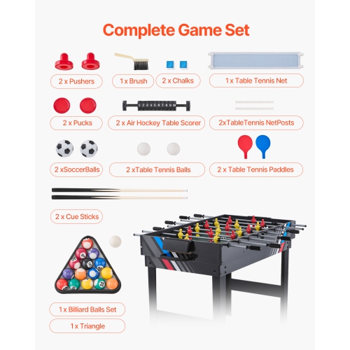 VEVOR 4-in-1 Combo Game Table Set, 48" Air Hockey Table, Multi Combination Table with Air Hockey, Pool Billiard, Foosball, Ping Pong, Pushers &