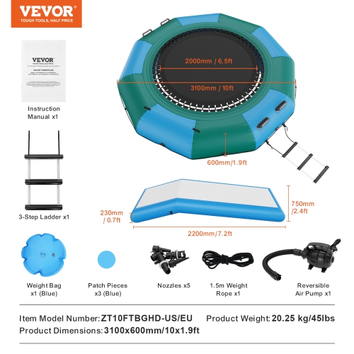 VEVOR 10ft Inflatable Water Bouncer, Recreational Water Trampoline, Portable Bounce Swim Platform with Slide, 3-Step Ladder & Electric Air Pump, Kid