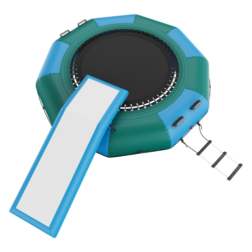 VEVOR 10ft Inflatable Water Bouncer, Recreational Water Trampoline, Portable Bounce Swim Platform with Slide, 3-Step Ladder & Electric Air Pump, Kid