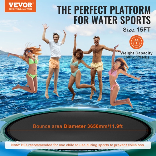 VEVOR 15ft Inflatable Water Bouncer, Recreational Water Trampoline, Portable Bounce Swim Platform with 3-Step Ladder & Electric Air Pump, Kids Adults