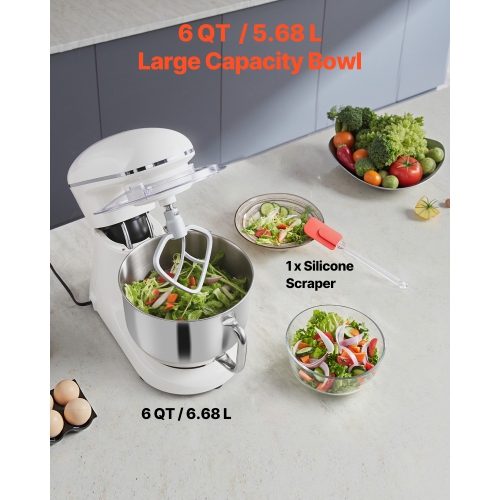 VEVOR 6 QT Stand Mixer, 660W 6 + P Speeds Tilt-head Mixer with Stainless Steel Bowl, Dough Hook, Wire Whip, Flat Beater, Scraper, Household Stand