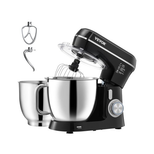 VEVOR 5.3QT + 4.4QT Stand Mixer, Two Stainless Steel Bowls, 10+P Speeds Tilt-head Mixer, with Dough Hook, Wire Whip, Beater, Scraper, Household Mixer