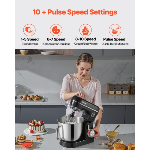 VEVOR 5.3QT + 4.4QT Stand Mixer, Two Stainless Steel Bowls, 10+P Speeds Tilt-head Mixer, with Dough Hook, Wire Whip, Beater, Scraper, Household Mixer