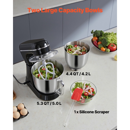 VEVOR 5.3QT + 4.4QT Stand Mixer, Two Stainless Steel Bowls, 10+P Speeds Tilt-head Mixer, with Dough Hook, Wire Whip, Beater, Scraper, Household Mixer