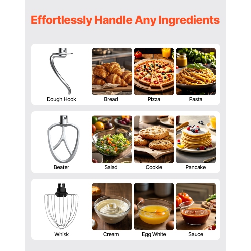 VEVOR 5.3QT + 4.4QT Stand Mixer, Two Stainless Steel Bowls, 10+P Speeds Tilt-head Mixer, with Dough Hook, Wire Whip, Beater, Scraper, Household Mixer