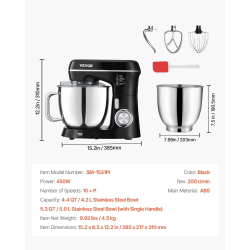 VEVOR 5.3QT + 4.4QT Stand Mixer, Two Stainless Steel Bowls, 10+P Speeds Tilt-head Mixer, with Dough Hook, Wire Whip, Beater, Scraper, Household Mixer