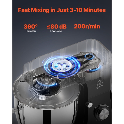 VEVOR 8.3QT Stand Mixer, 660W 6+P Speeds Tilt-head Mixer with Stainless Steel Bowl, Dough Hook, Wire Whip, Flat Beater, Scraper, Household Stand