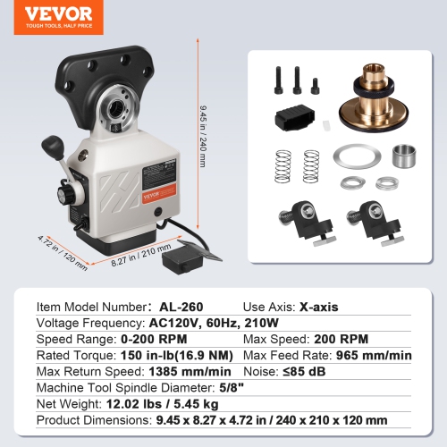 VEVOR 0-200RPM X-Axis Power Feed for Milling Machine, 150 in-lb Torque, 120V Power Table Feed Mill Feeder, for Bridgeport Some Knee Type Mills with a