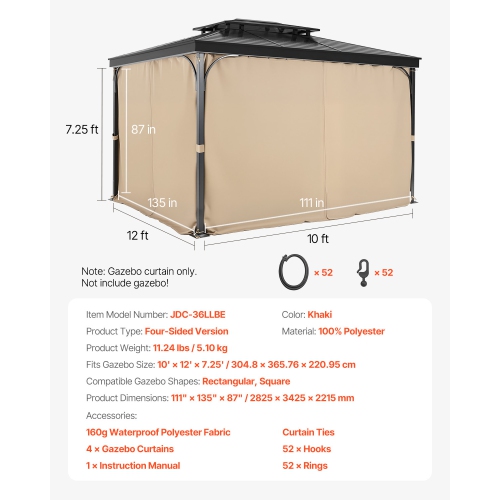 VEVOR 12' x 10' x 7.3' Gazebo Curtains Outdoor, 4-Panel Sidewall Gazebo Privacy Curtains with Zippers, Outdoor Curtain Replacement for Patio Canopy,