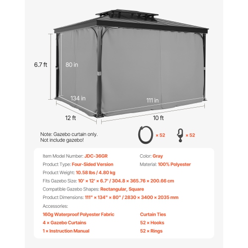 VEVOR 12' x 10' x 6.7' Gazebo Curtains Outdoor, 4-Panel Sidewall Gazebo Privacy Curtains with Zippers, Outdoor Curtain Replacement for Patio Canopy,