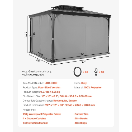 VEVOR 10' x 10' x 6.7' Gazebo Curtains Outdoor, 4-Panel Sidewall Gazebo Privacy Curtains with Zippers, 6.7' Tall Outdoor Curtain Replacement for