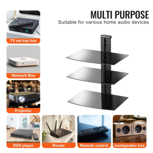 VEVOR 18lbs L.C. Glass Floating Shelves, TV Wall Mount with Shelf，Strengthened Floating Entertainment Center for DVD/PS4/Cable Boxes/Game