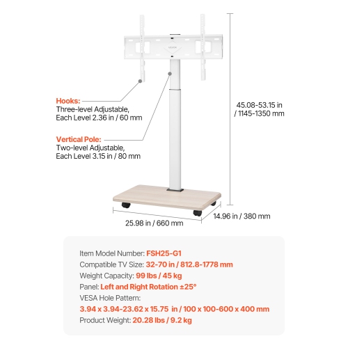 VEVOR Rolling TV Stand, Mobile TV Cart for 32-70 Inch Screens, 25° Left-Right Rotation and Height Adjustable, Holds up to 99 lbs for Corner, Bedroom,