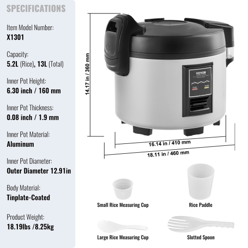 VEVOR 60-Cup Commercial Rice Cooker, 13.74 Qt / 13 Liter Large Rice Cooker and Warmer with Nonstick Inner Pot, Fast Cooking and 12-Hour Keep Warm,