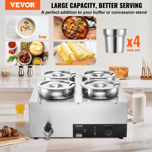 VEVOR 1500W Electric Soup Warmer, Four 7.4QT Stainless Steel Round Pot, Commercial Food Warmer, 86~185°F Adjustable Temp, Bain Marie with Anti-Dry