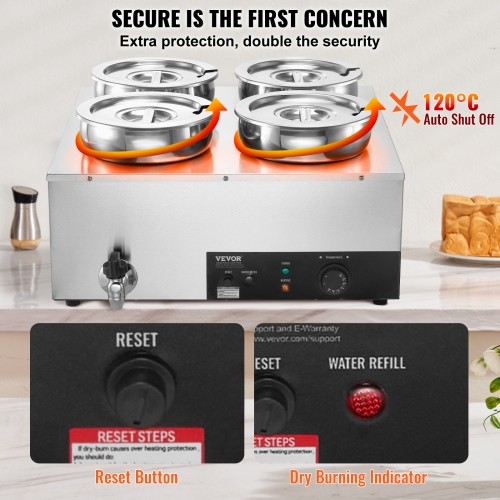 VEVOR 1500W Electric Soup Warmer, Four 7.4QT Stainless Steel Round Pot, Commercial Food Warmer, 86~185°F Adjustable Temp, Bain Marie with Anti-Dry