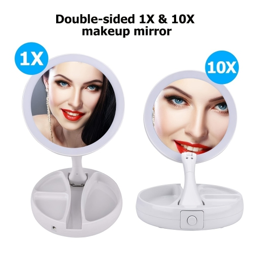 Miroir de maquillage illuminé de bureau 6 po à deux côtés grossissant 10X/1X avec miroir pliable à bouton